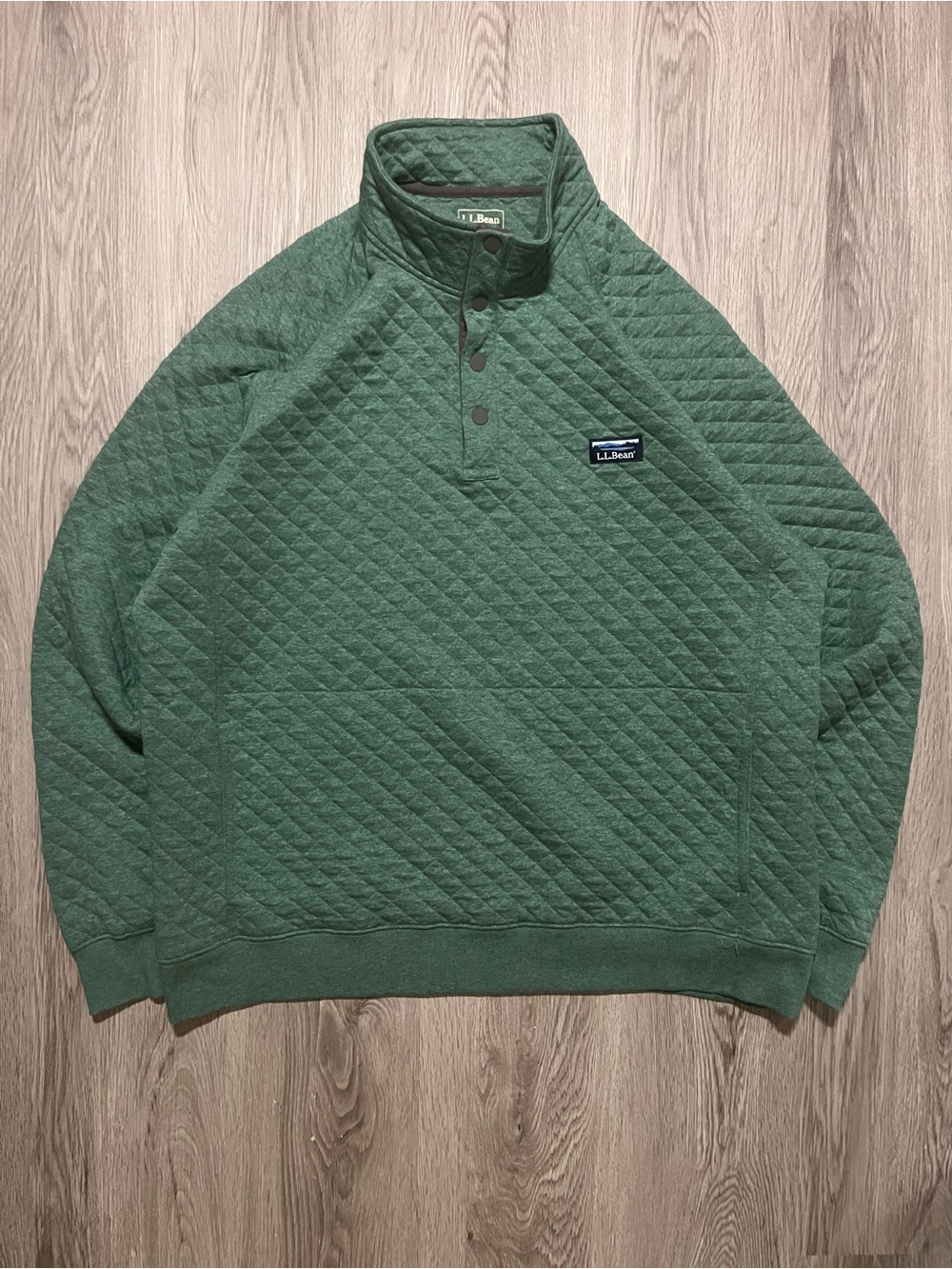 L.L. Bean green quilted quarter snap button crewneck long sleeve sweater mens XL